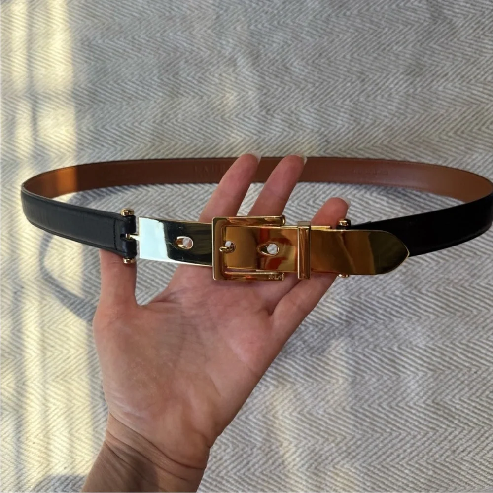 Ralph Lauren Black Leather letter opener Belt with Gold Buckle